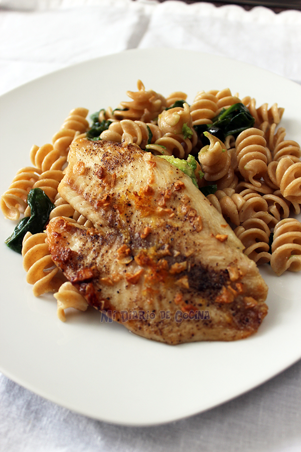 Buttered pasta with spinach, basil, lemon and tilapia