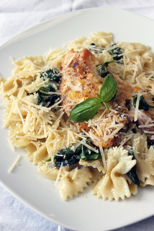 Buttered pasta with spinach, basil, lemon and tilapia