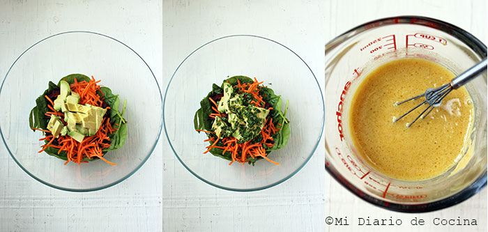 Salad of beet, carrot, and spinach - Step by step