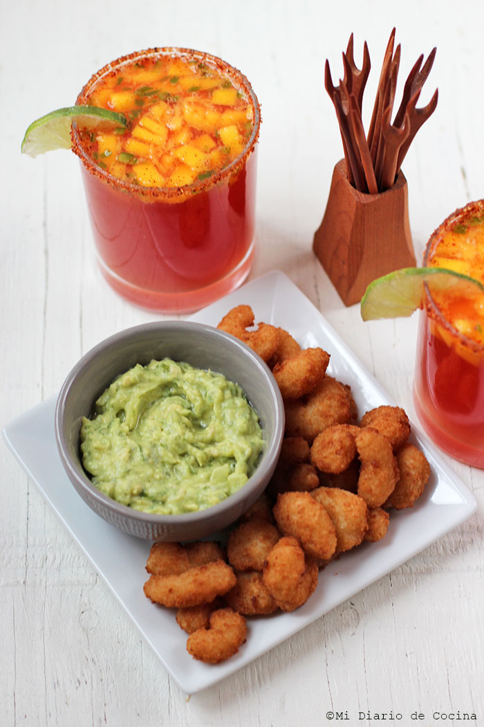 Mango Micheladas with Jalapeño, and Popcorn Shrimp with dip