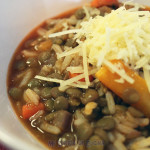 Lentil stew with rice, carrots, and squash