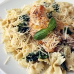 Buttered pasta with spinach, basil, lemon and tilapia